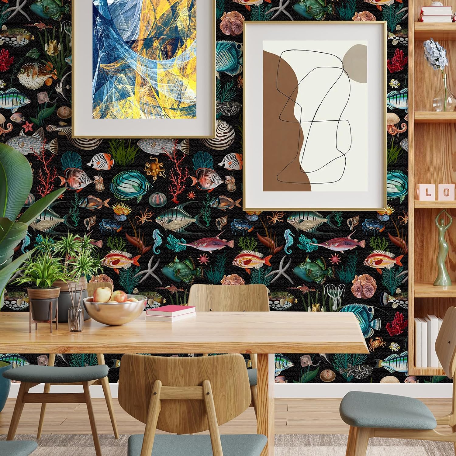 Ocean Fish Black Peel and Stick Wallpaper Underwater World Self Adhesive Removable Easy Peel Off Stick on Wall Paper Contact Paper for Bedroom Cabinet Renter Friendly 17.71"*236.2"