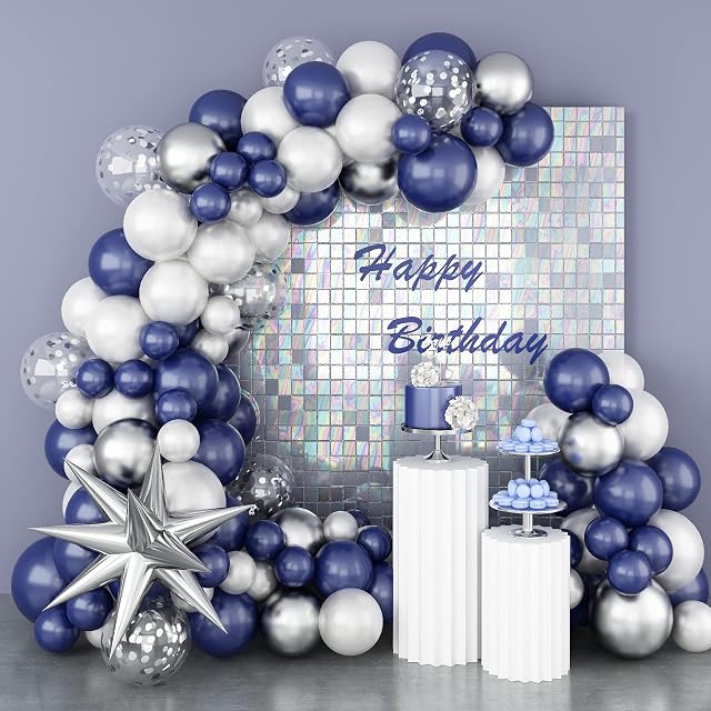 Blue Balloon Arch Kit, Navy Blue White Balloon Arch with Navy Blue White Latex Balloons Metallic Silver Balloons Confetti Balloons Large Star for Birthday Party Decoration Baby Shower Wedding Supplies