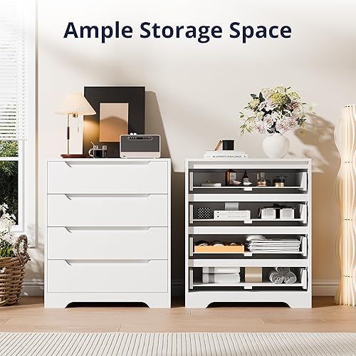 Miniatura 8 de Cozy Castle Cómoda Moderna de 4 Cajones Organizador de Almacenamiento, Cómodas de Madera y Cajoneras con Riel de Metal Liso, Blanco