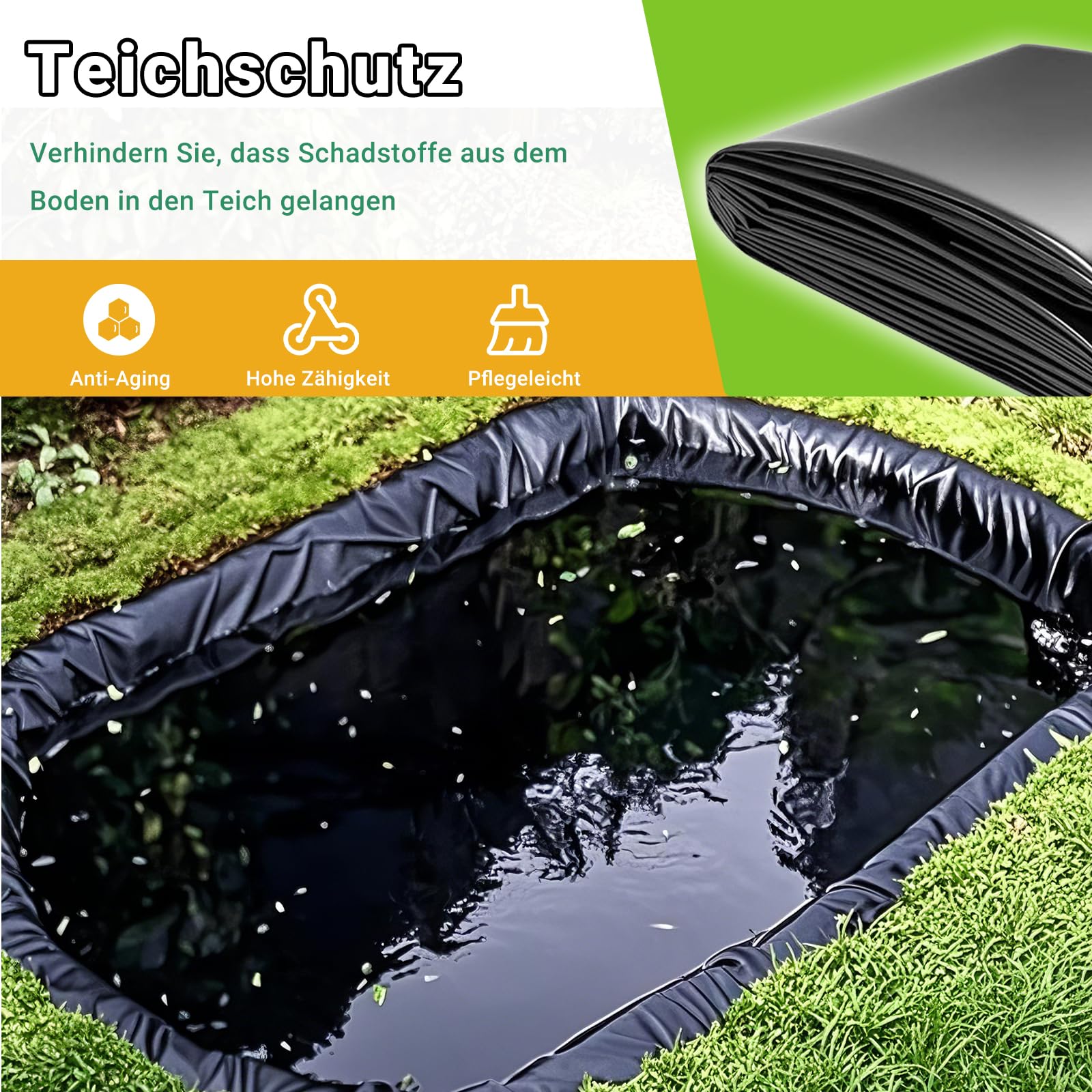 Teichfolie UV-beständige Teichplane aus PVC, 3m lang x 2m breit, schwarz 1.0mm - Pflanzenfreundlich für Wassergarten & Aquagart Zubehör