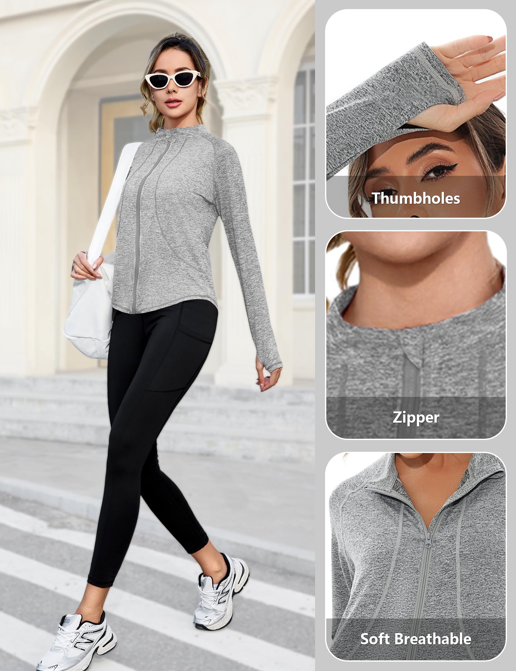 Gyabnw Veste de Sport pour Femme avec Trous de Pouce Veste Légère Course Randonnée Athlétique à Manches Longues et Design Zip pour l’Exercice et GYM