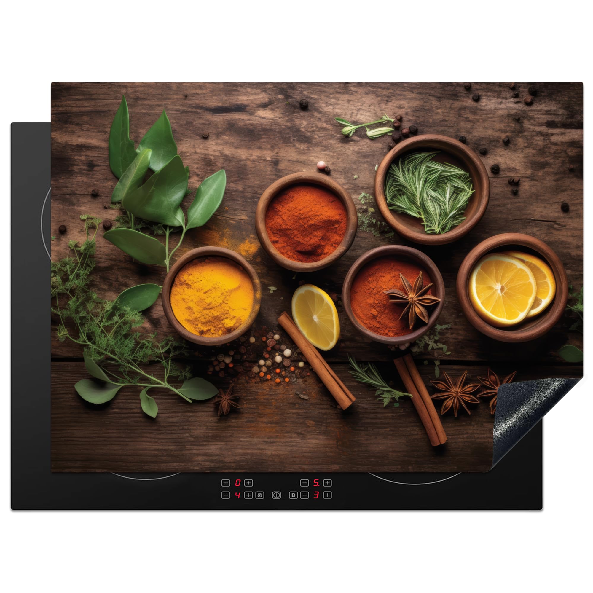 KitchenYeah© Induction Hob Cover Protector Mat 20.5"x28" / 71x52 cm Kitchen Universal Ceramic Covers for Electric Cookers Vinyl Fruit - Spices - Herbs - Cinnamon - Wood Print