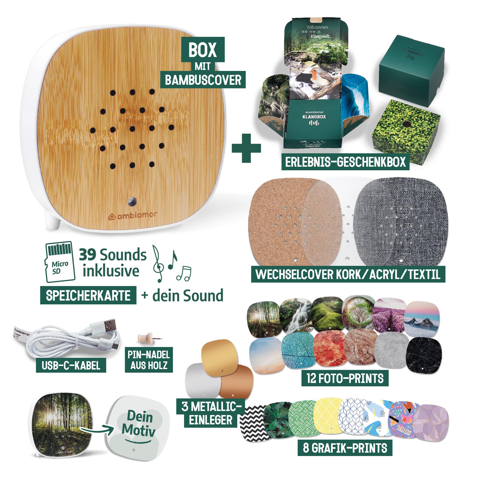 Klangbox frei bespielbar mit Speicherkarte - vorinstallierte Natursounds und Chillhop (Ambiente-Musik); Bewegungsmelder-Box wiederaufladbar mit 26 Styles + 39 Sounds