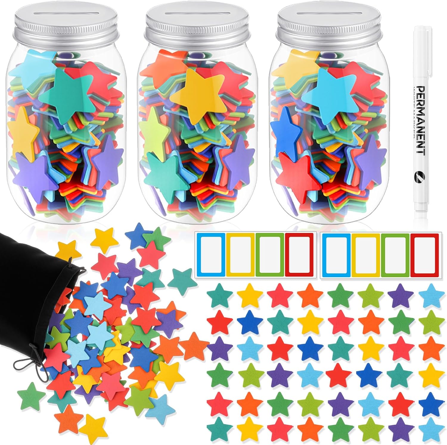 Roowest Star Reward Jar for Kid 3 Pcs Coin Jars for Behavior Tokens 200 Pcs Stars 8 Pcs Name Tags Classroom Reward System for Kids Back to School Incentive Good Behavior Training (10 Colors)