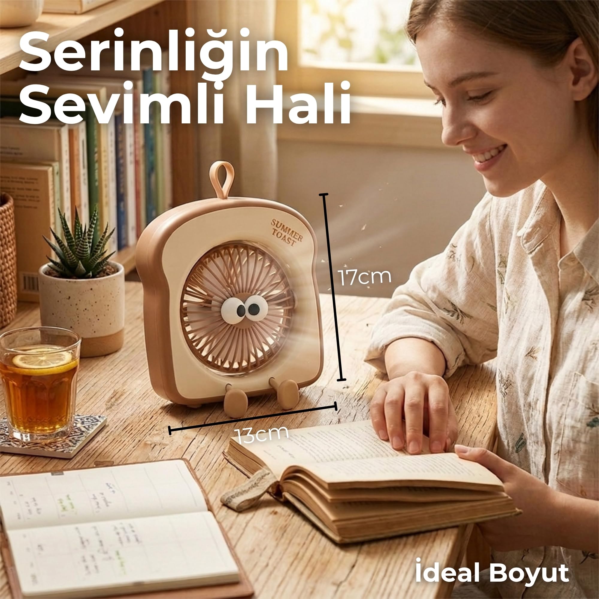 Asonic 3 Hız Kademeli Masaüstü Mini Fan - Sevimli Tost Ekmeği Tasarımlı Şarj Edilebilir Karikatür Vantilatör, Type-C Şarj Girişli, 45 Derece Ayarlanabilir Açılı Kişisel Masa Fanı