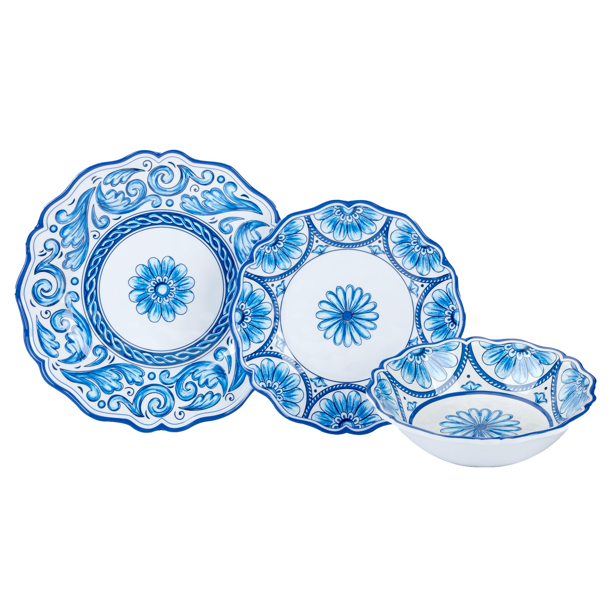 Veranda Service de table 12 pièces en mélamine pour 4 personnes – Comprend des assiettes plates, des assiettes à salade et des bols – Bleu et blanc élégant pour un usage quotidien, une salle à manger