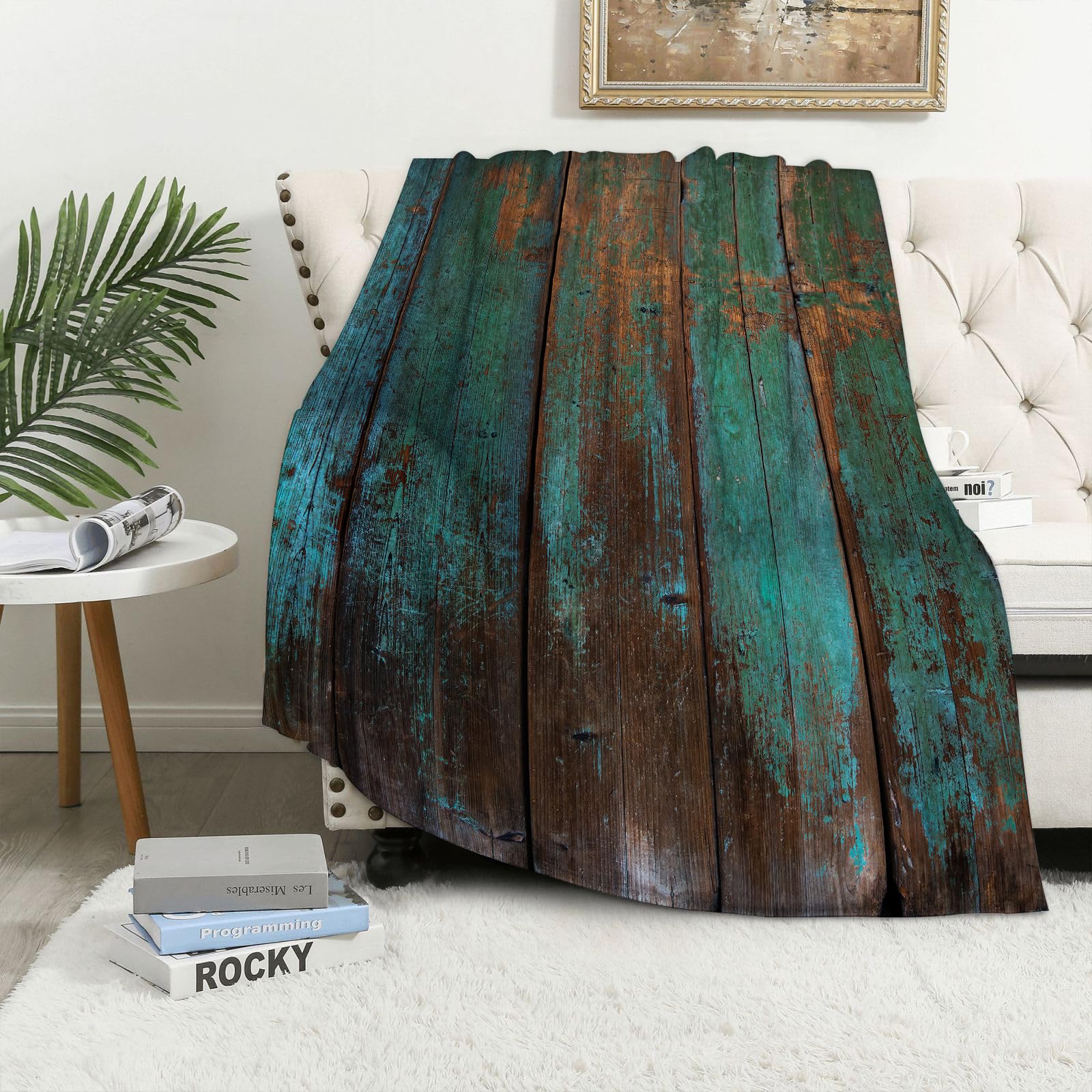 Maapchp Country Rustic Distressed Teal Green Barn Wo - A3 Flannel Fleece Blanket Throws For Sofa Fluffy Blanket Bed Throw For Bedroom Country Rustic Distressed Teal Green Barn Wood Blanket For Bed, Couch,Car 60X80in