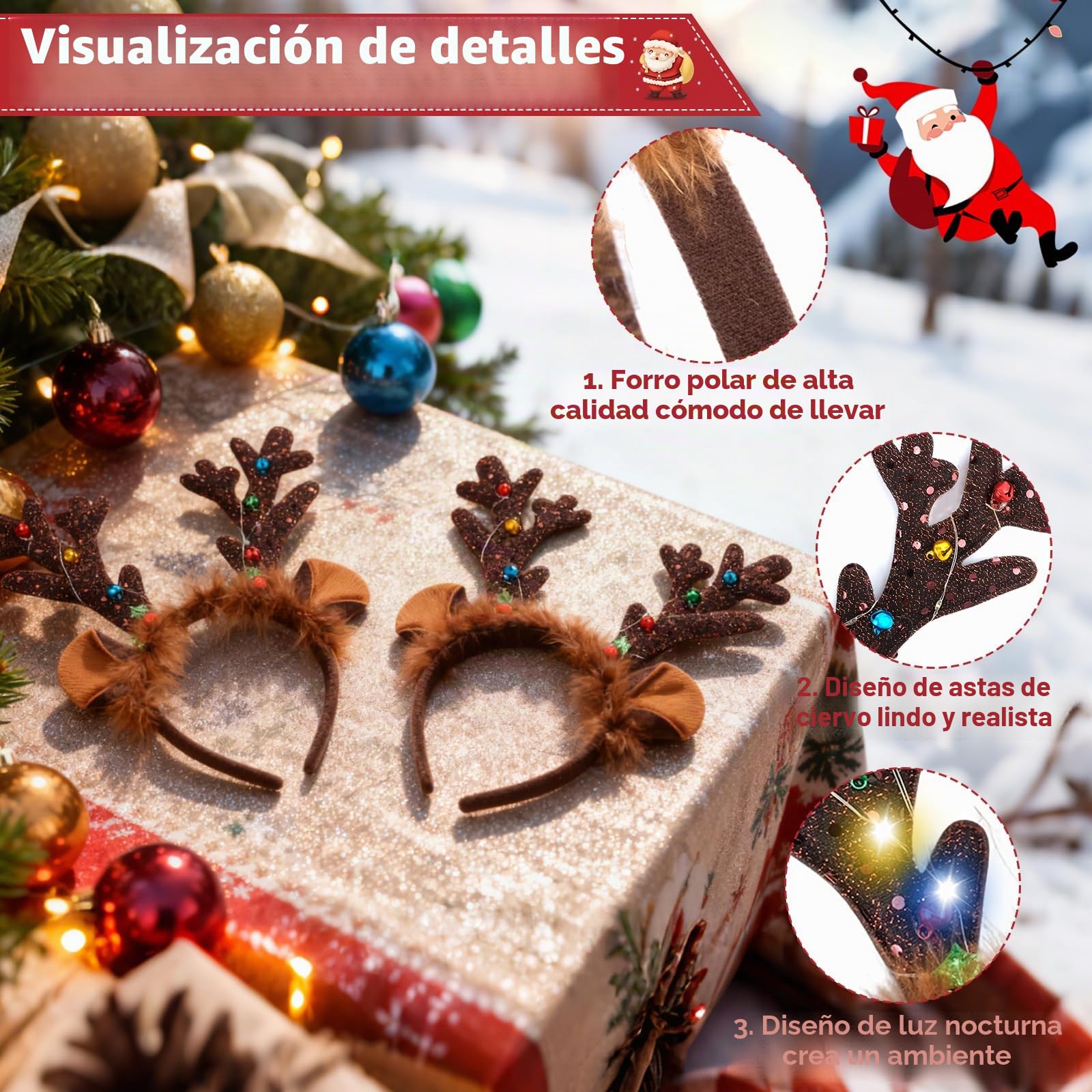 2 Diadema Navidad, Diademas Navideñas con Luces Set Incluye 2 Pegatinas de Rubor, Diadema Reno Navidad, Diademas Navideñas con Cascabeles Apto para Niños y Adultos