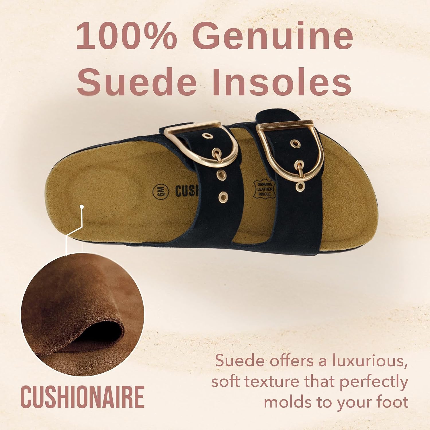 CUSHIONAIRE Brook Women’s Suede Double-Buckle Cork Footbed Slide Sandals with Memory Foam Comfort