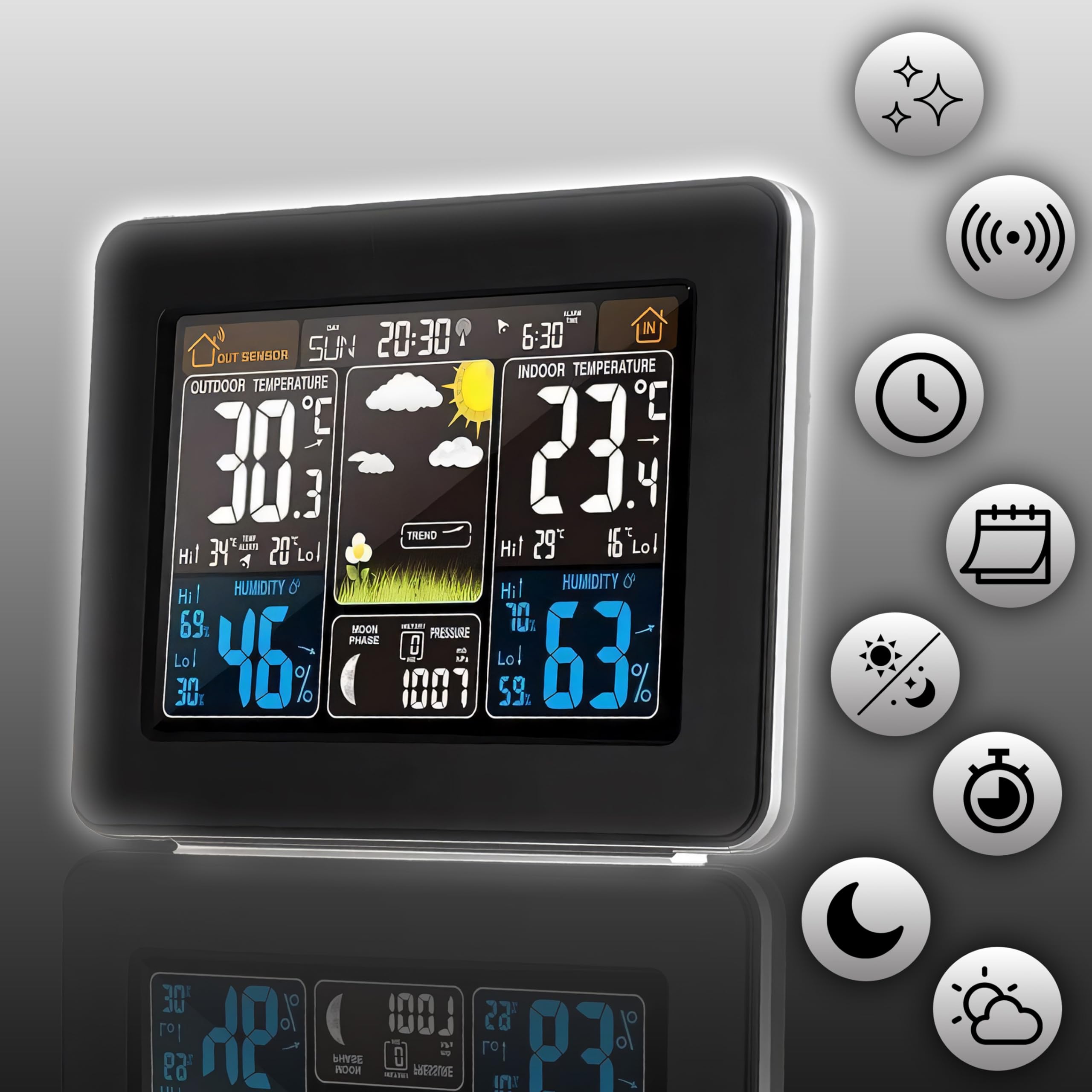 Retoo Stazione meteorologica multifunzione con sensore esterno e display digitale a colori, stazione meteo radio con previsioni meteo, igrometro barometro, fase lunare e portata di 60 m (nero)