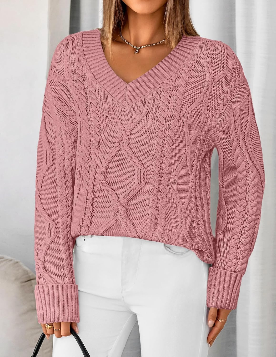 ZESICA Women's Spring Oversized Sweaters 2026 Casual Long Sleeve V Neck Cable Knit Trendy Pullover Tops - Image 3