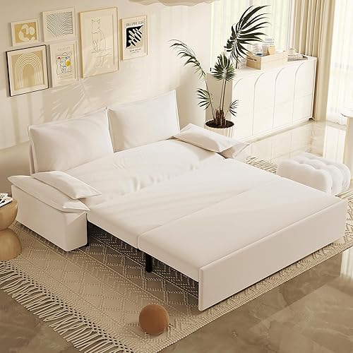 70.1" Queen Pull Out Sofa Bed, 3 in 1 Convertible Sleeper Sofa, Velvet Loveseat Couch for Living Room, Apartment, Small Space, Beige