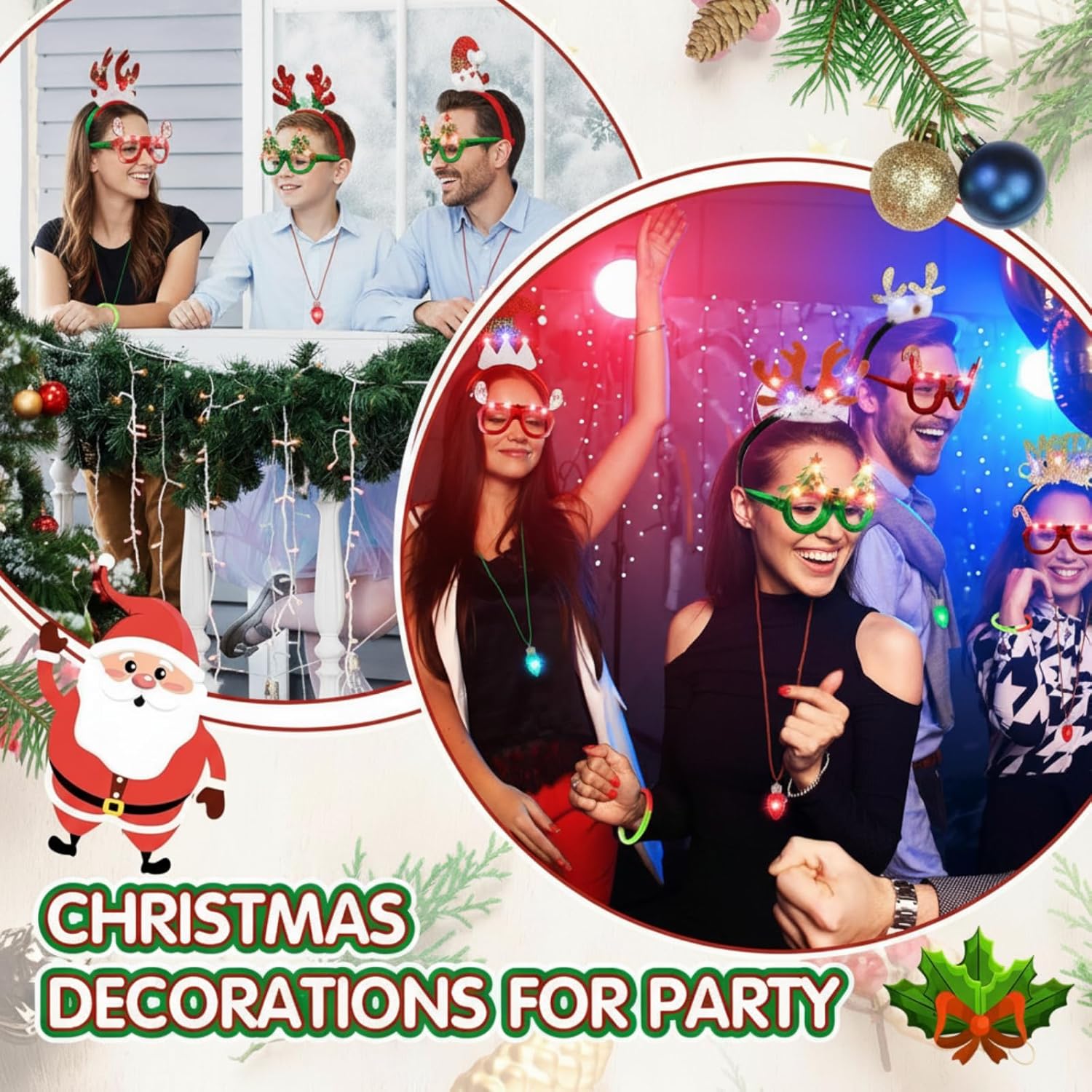 Hiboom 40 Pcs Light Up Christmas Headband Necklace Christmas Glasses Frame Fluorescent Wristbands Glowing in Dark Xmas Party Favor Set Glow Accessories for Holiday Party Favors Supplies - Image 5