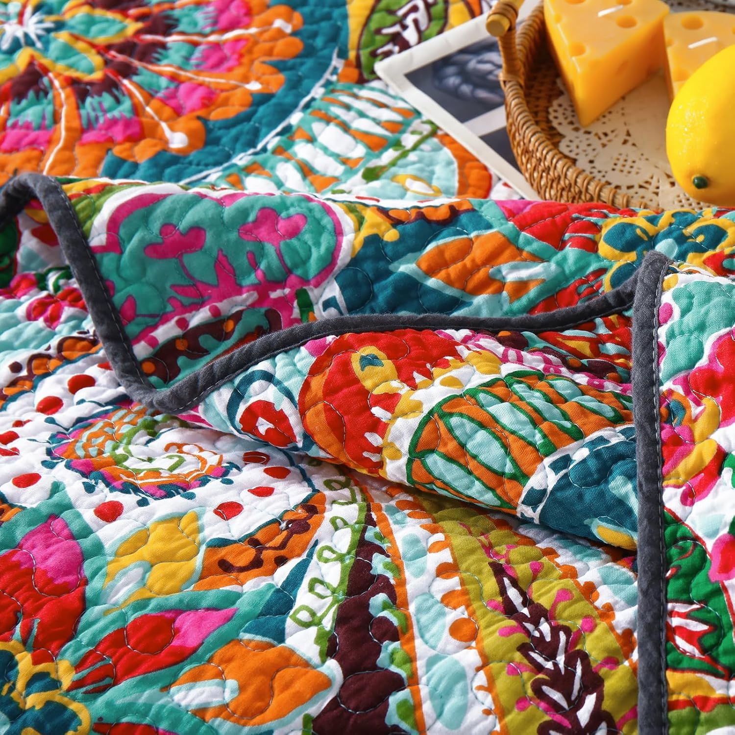 Qucover California King Quilt, Cotton Boho Paisley Quilt, 3 Piece Lightweight Oversized King Bedspread with Pillow Shams, Lightweight Colorful Bedding Comforter Sets, 118x106 - Image 5