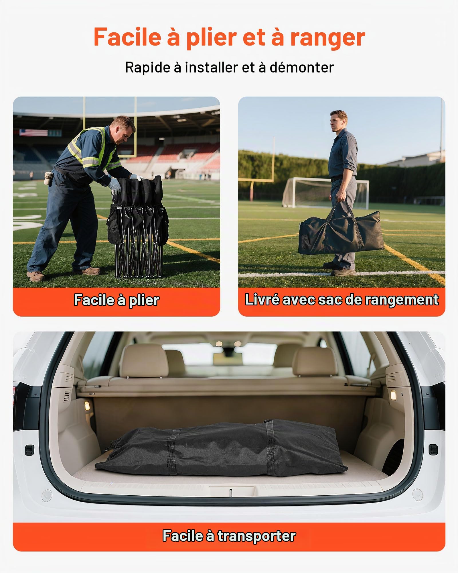 VEVOR Banc Pliant Portable à 4 Places, Banc de Camping Pliable avec Poches de Rangement et Sac de Transport, siège latéral léger avec Dossier pour Football, Baseball et événements en Plein air, Noir