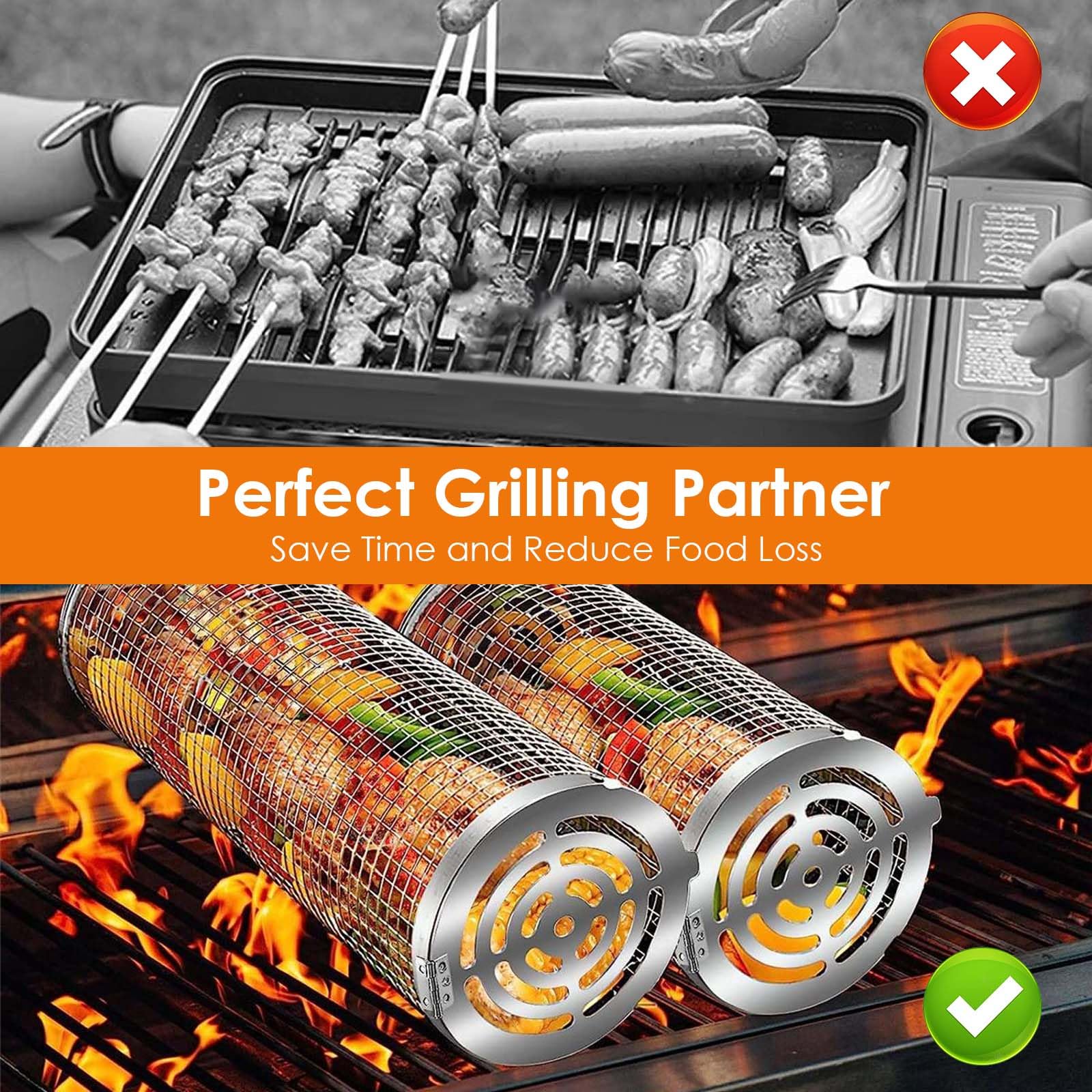 Grilloir en Acier Inoxydable 2 Pièces, Panier de Grillade Tournant Cylindrique avec Poignée en Bois Amovible - Accessoire BBQ pour Grill Extérieur, Camping - Légumes, Poisson, Viande, Fruits de Mer