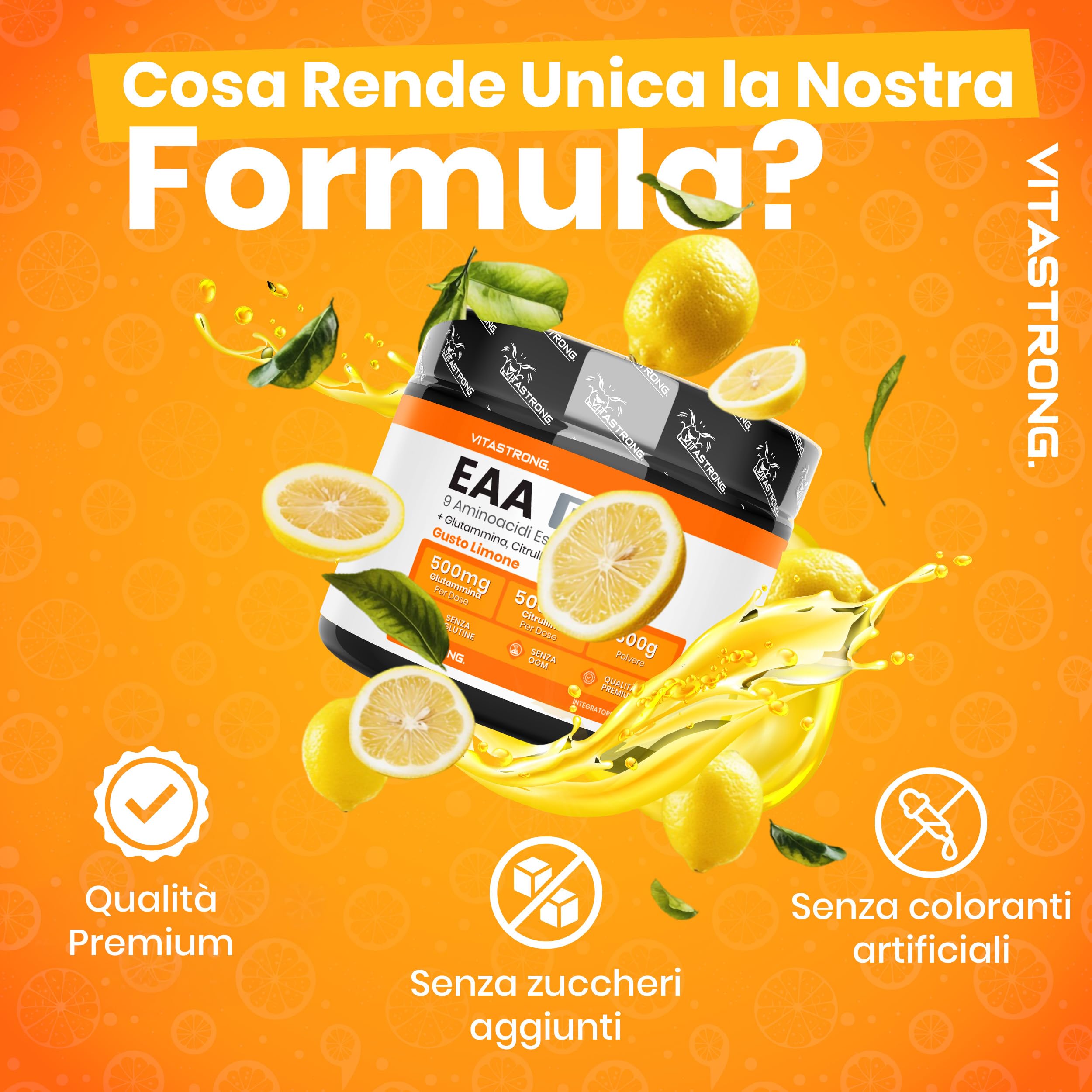 Aminoacidi Essenziali EAA PRO Vitastrong, 9 EAA Aminoacidi Essenziali Polvere 300g, BCAA Amminoacidi Ramificati, Glutammina, L Citrullina, L-Tirosina, L Lisina, L Triptofano, Metionina, Gusto Limone