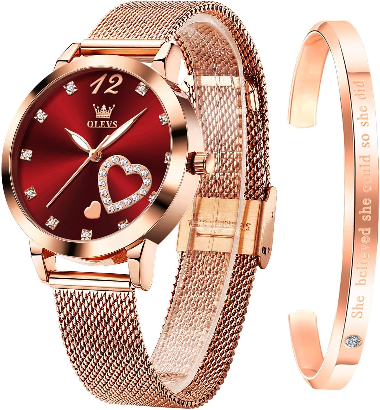 - Rose Gold Watch for Women Mesh Strap Fashion Dress Hearts Japanese Quartz Waterproof Luminous Ladies Watches Bracelet Sets