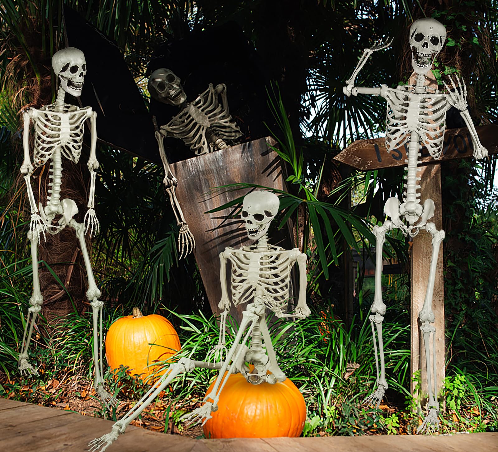 Esqueleto de Halloween de 180 cm, cuerpo completo, huesos de esqueleto humano de tamaño real con articulaciones móviles para decoración de Halloween, escena espeluznante, decoración de fiesta (1