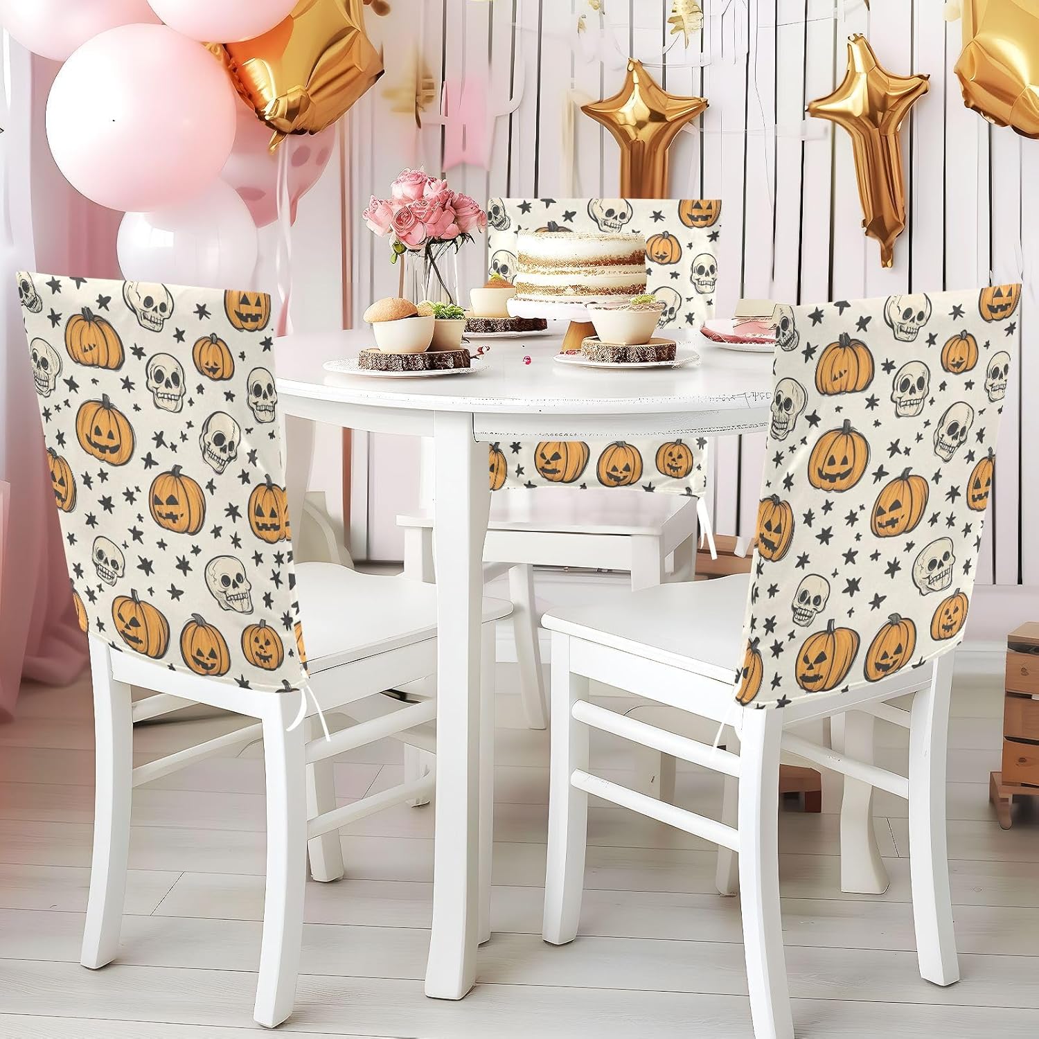 ALAZA Pumpkins Skulls Stars Chair Back Cover Set of 6, Washable Reusable Removable Chair Slipcovers Decorative Chair Cover for Home Kitchen Wedding Party