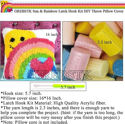 Miniatura 2 de GREBSTK Kit de gancho de pestillo, funda de cojín para sofá, diseño de sol y arco iris, punto de cruz, 16 x 16 pulgadas