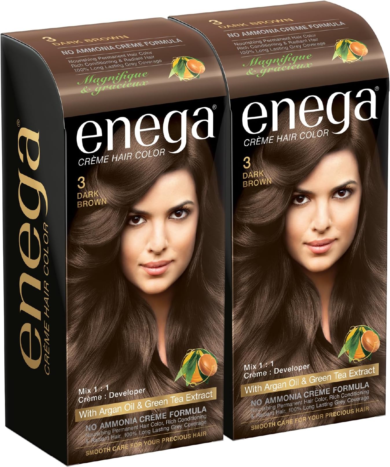enega Cream Hair Color (100 ml Each) with Argan Oil and Tea, Dark Brown (Pack of 2)