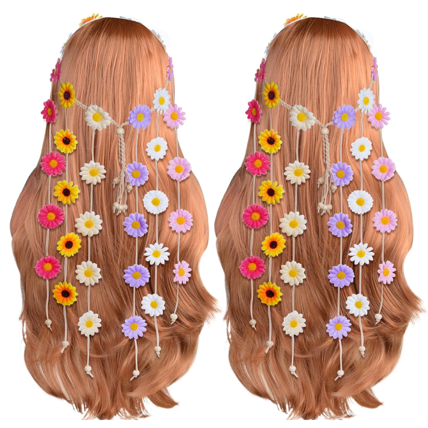Sucrain 2pcs Sunflower Hippie Headband Floral Crown - Bohemian 70s Festival Hair Accessories for Women (Colorful Set)