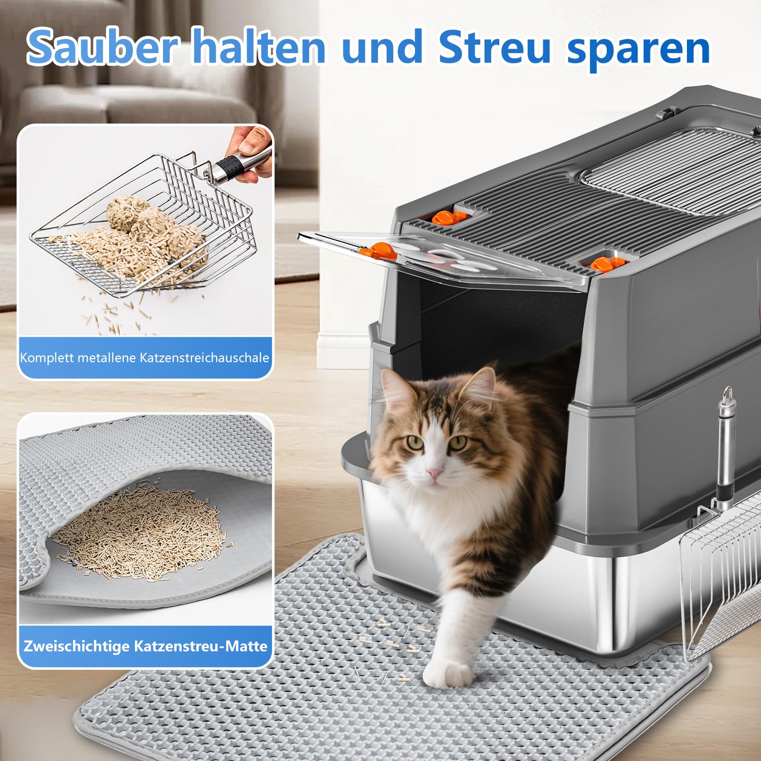 Edelstahl Katzenklo mit Deckel, 155° Klappdeckel XL Katzentoilette, Geschlossene Metall-Klobox inkl. Matte & Schaufel, Hohe Wände, Auslaufsicher, Front- & Deckel-Einstieg