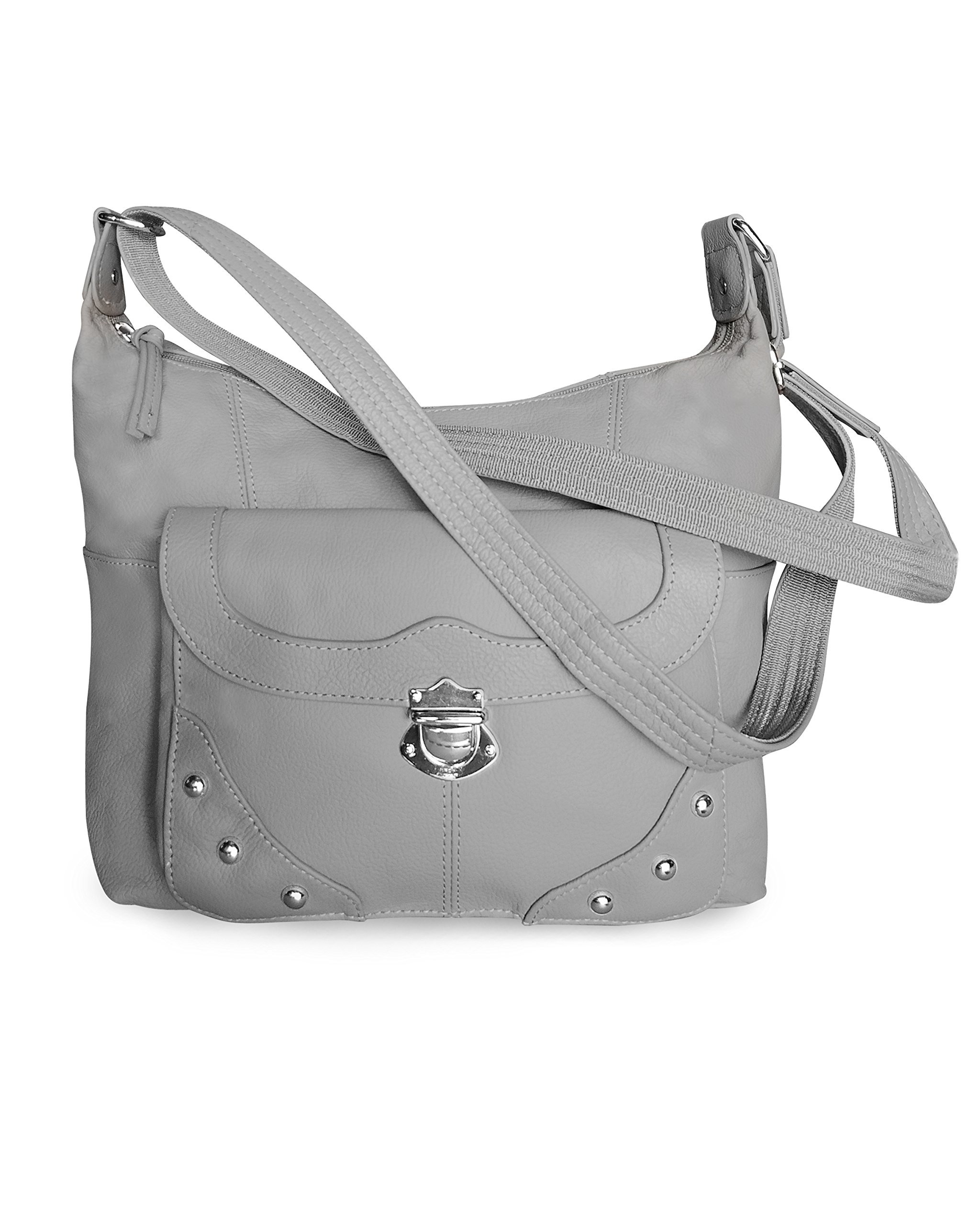 Roma Leathers Concealment Purse - Premium Cowhide Leather - Grey - Studded - Dual Gun Entry - Adjustable Shoulder Strap - Designed in USA - 30 Day Manufacture Warranty