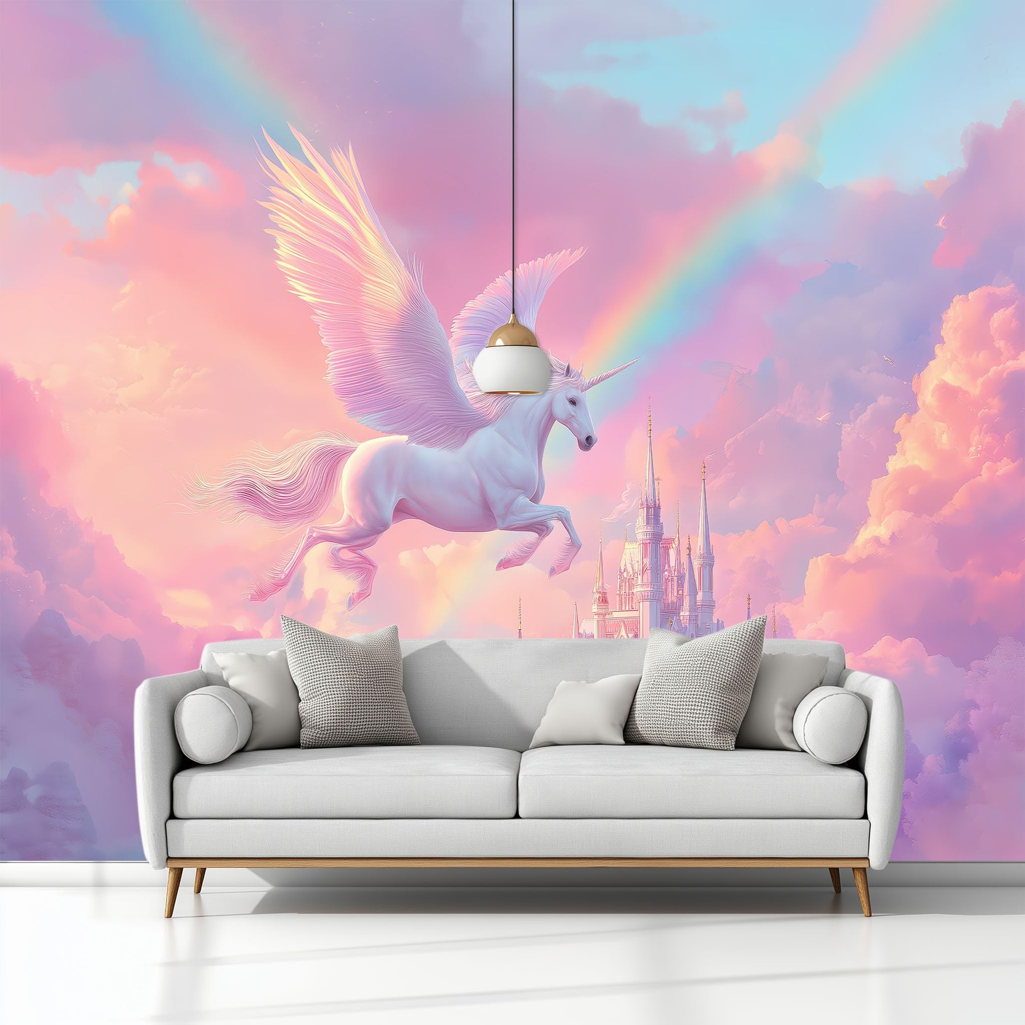 Tapeta 3D fioletowy 300 x 210 cm - fototapeta kreskówka jednorożec niebo zamek do pokoju dziecięcego nastolatka, włóknina łatwa do nałożenia dekoracja pokoju zabaw