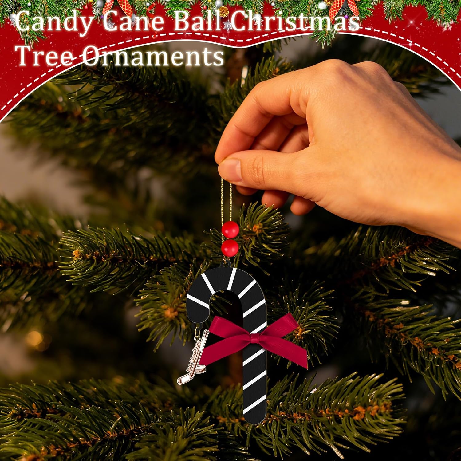 4in Easter Candy Cane Hockey Ornaments Wooden Hanging Candy Cane Ornament Sport Hockey Xmas Tree Decorations for Home Crafts Hockey Lovers Family Holiday Party Supplies - Image 4