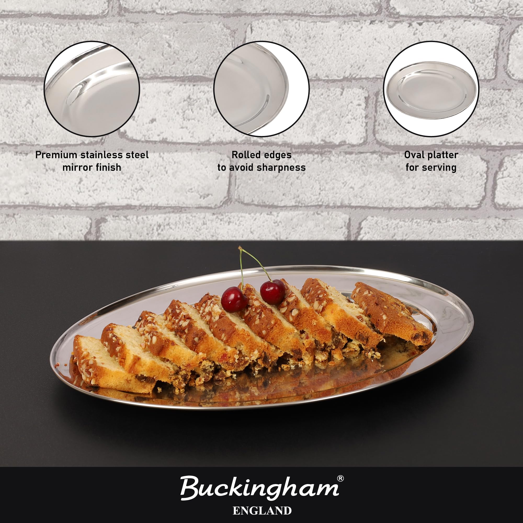 Buckingham Mirror Polish Oval Serving Tray Heavy Gauge Plate Stainless Steel Durable Meat Platter for Restaurant Catering Parties Buffet BBQs and Everyday Large Dining (40 Cm) - Image 4