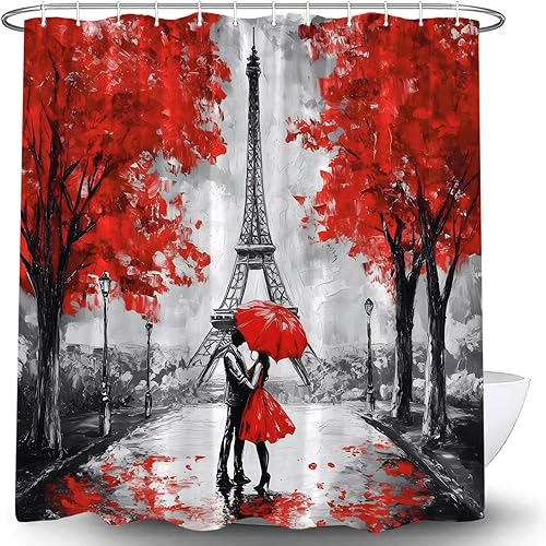 Miniatura 3 de Cortina de ducha con diseño de torre Eiffel, romántica, para parejas, amantes, rojo, gris, París, ciudad, árbol, pintura al óleo, arte retro