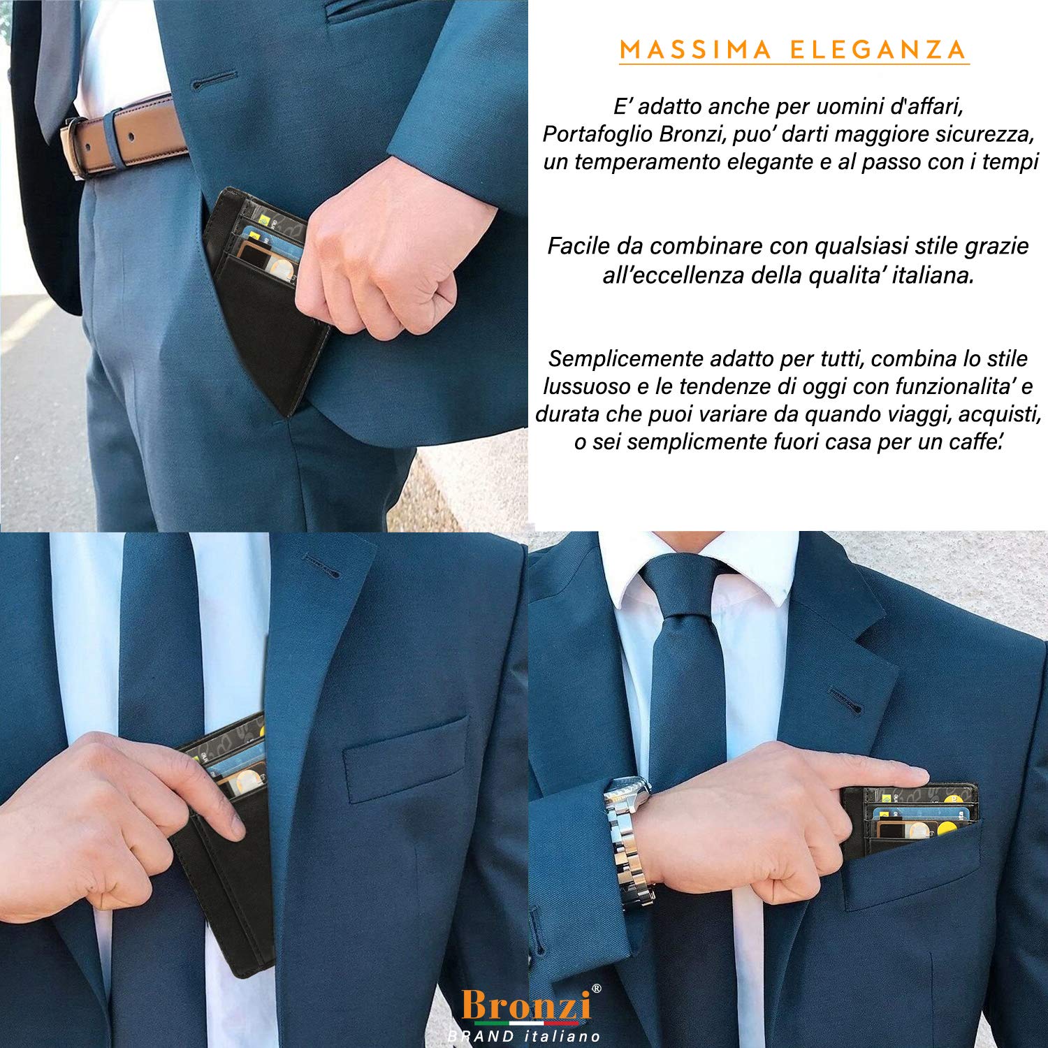 Bronzi® Portafoglio Uomo Slim | Pelle Alta Qualità Mini Nero| Piccolo Sottile Elegante | Portacarte Uomo Donna Portatessere Porta Carte Di Credito| Design Italiano Box Regalo