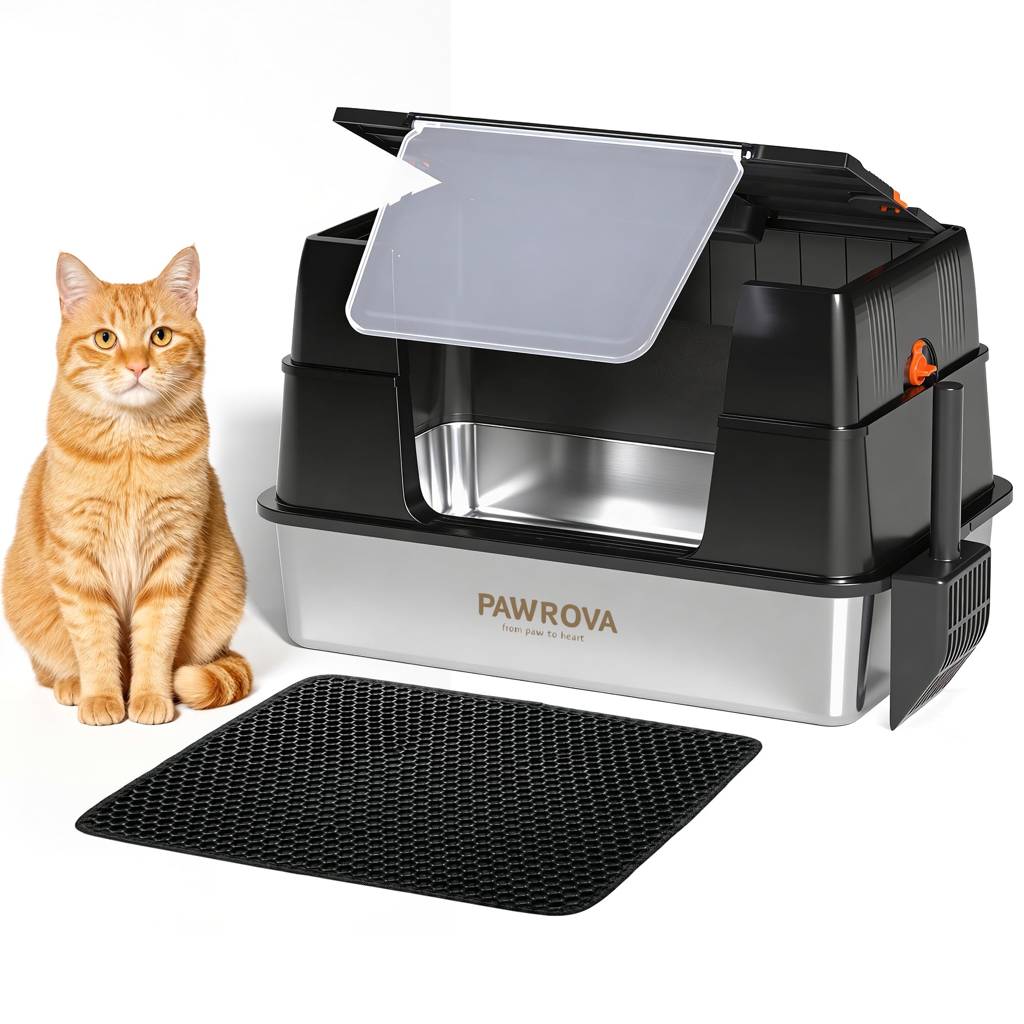 Premium 304 Stainless Steel Cat Litter Box with Flip-Up Lid, XL Enclosed Metal Litter Box, Anti-Leak Urine-Proof Design, Odor-Free & Easy Clean, Side Entry with Scoop & Mat(Black)