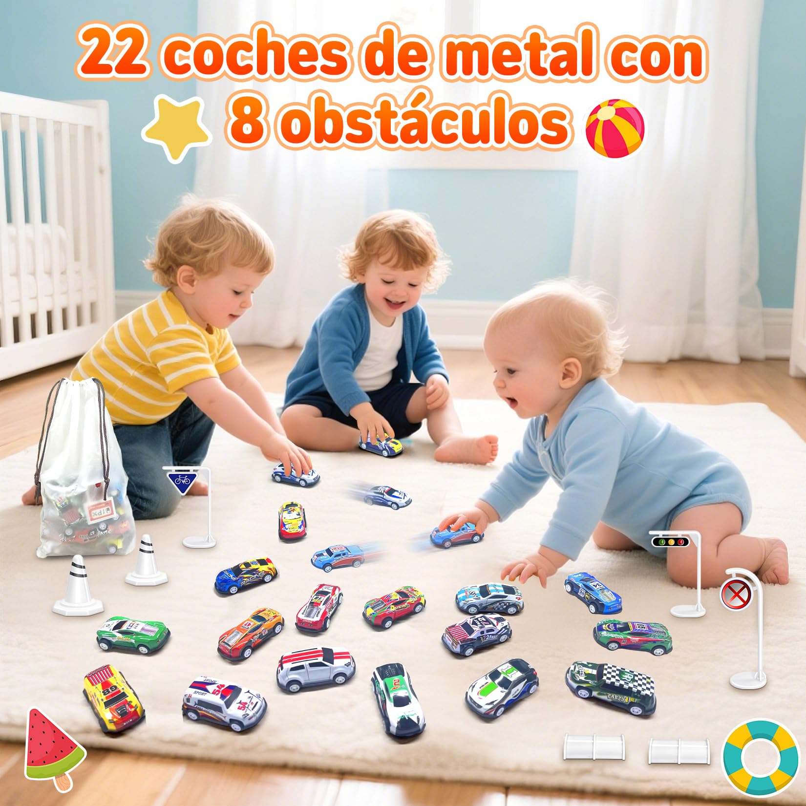 Coches para Niños, Juguete Coche de Carreras, 22 Pack Micromachines de Retroceso de Metal con 8 Obstáculos, Mini Racers Cars Juguetes 3 4 5 6 7 8 Años, Navidad Cumpleaños Fiesta Regalos