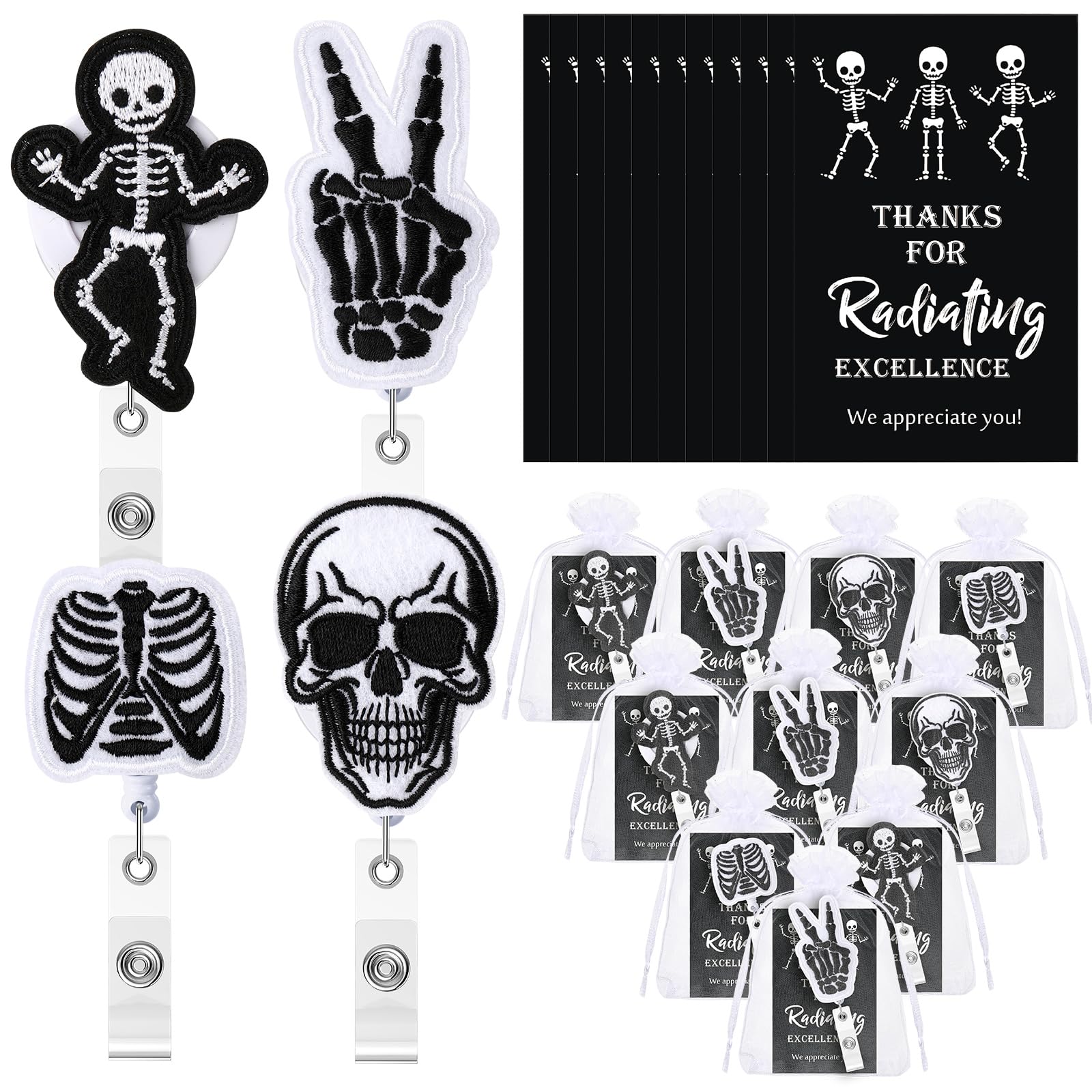 Geyoga 10 Sets Xray Badge Reels Radiology Rad Tech Gifts Bulk Retractable Funny Skeleton ID Holder Clips with Cards Organza Bags Nurse Doctor Nursing Student
