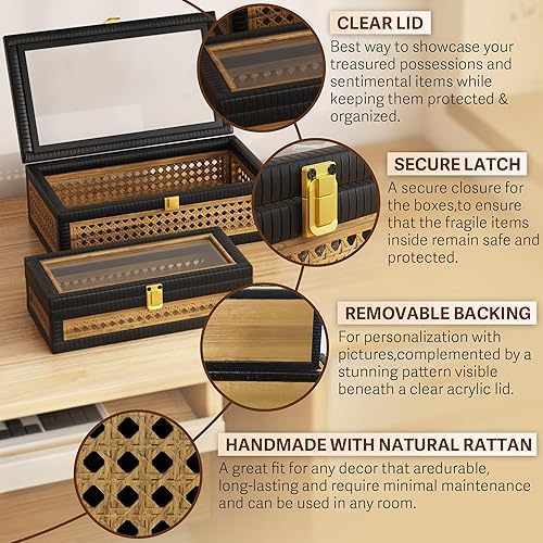 Miniatura 3 de Caja decorativa de ratán, cajas de exhibición bohemias con tapas, juego de 2 decoraciones rectangulares de mimbre para almacenamiento, contenedores