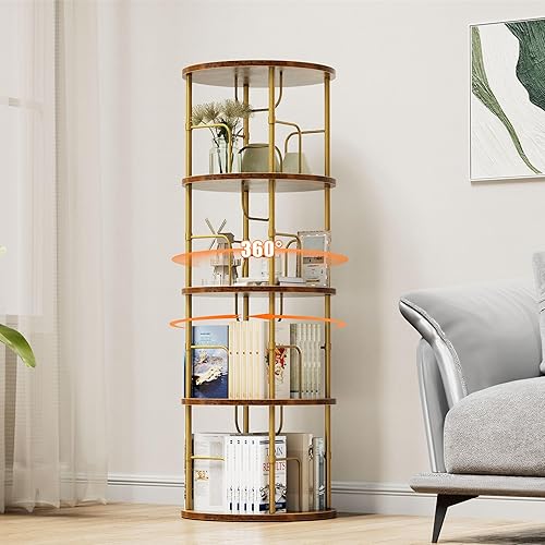 Flycity 4 Tier Rotating Bookshelf, 360Β° Corner Bookshelf Tower, Round Revolving Bookcase with Special Visible Partition Storage, Narrow Book Shelf Organizer for Living Room, Small Space, Gold - 4-Tier - Gold