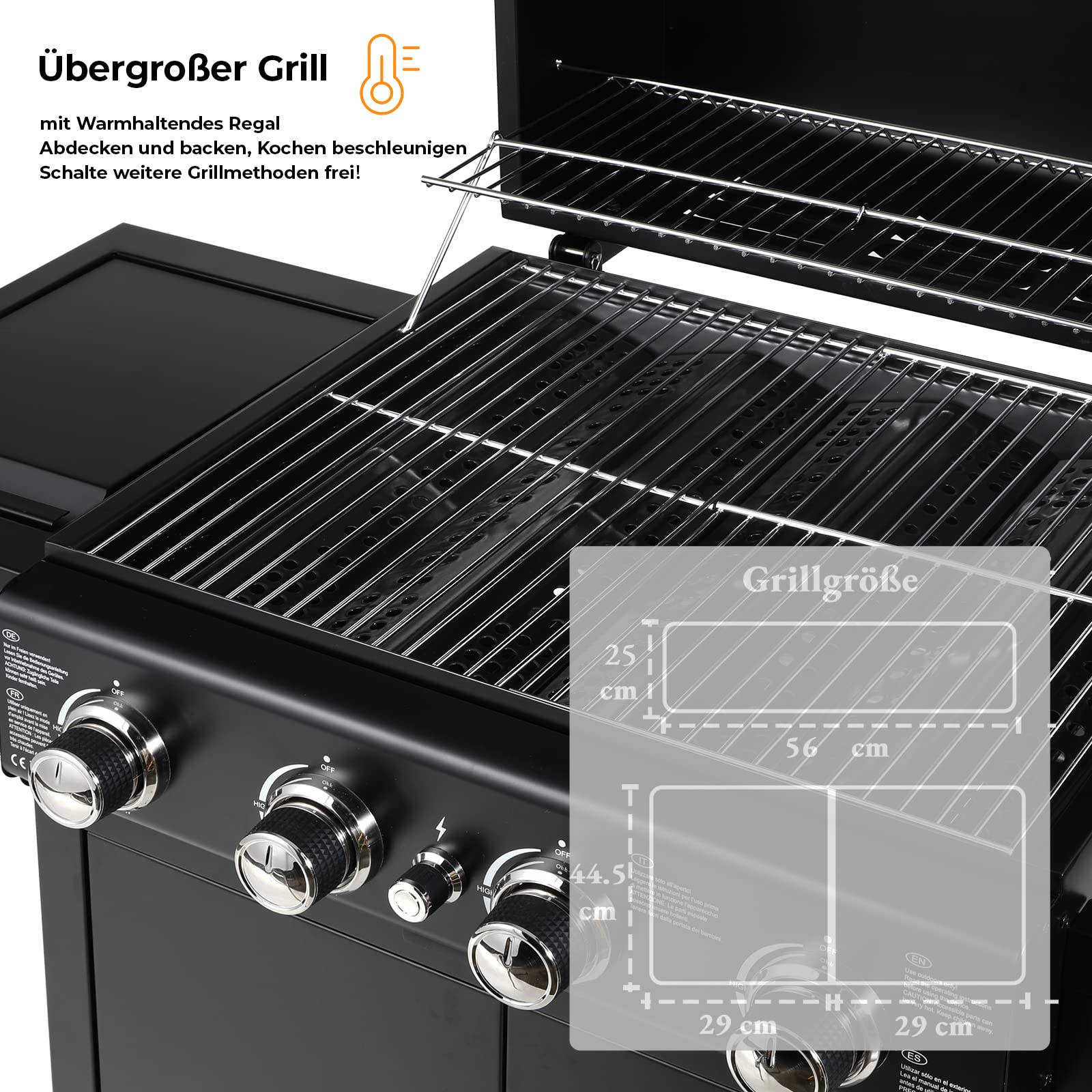 Barbecue Gaz sur Chariot 4+1 Brûleurs 14.05KW avec Plaque Latérale, Thermomètre, Allumage par Impulsion
