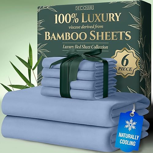 DECOLURE 100% Organic Viscose Derived from Bamboo Sheets King Size 6pcs - Ultra Soft & Luxuriously Cooling, 17" Deep Pocket, Double Stitching, Perfect for Hot Sleepers - King Bed Sheets (Light Blue) - Light Blue - King