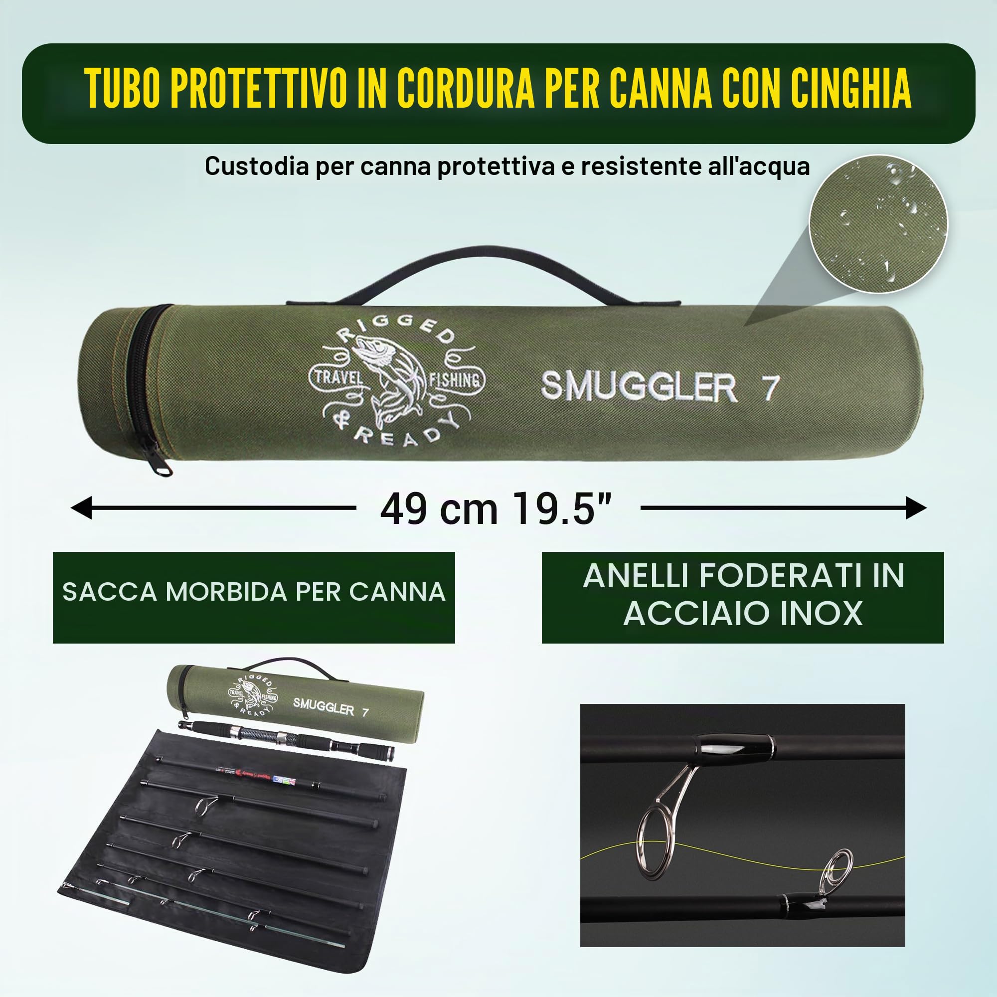 Rigged and Ready Smuggler Series Travel Fishing Rods. 6 Portable, Super Compact Spin, Bass, Carp, lure, Rod Reel Combination and 5 poles + Case. 2 or 4 tips for Freshwater and Saltwater fishing