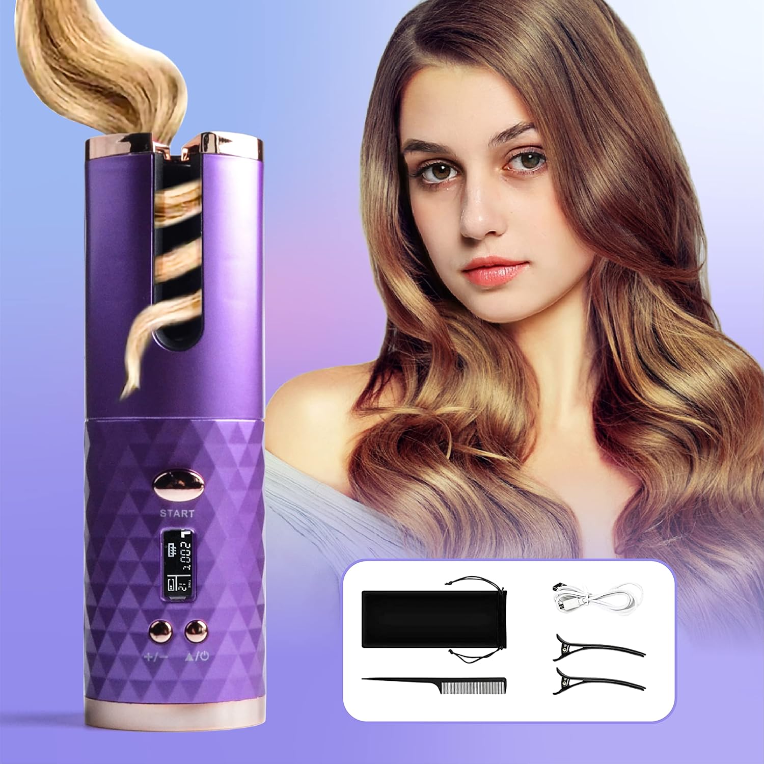 The purple cordless automatic hair curler shown with its included accessories: a USB charging cable, a comb, and two hair clips, all neatly arranged.