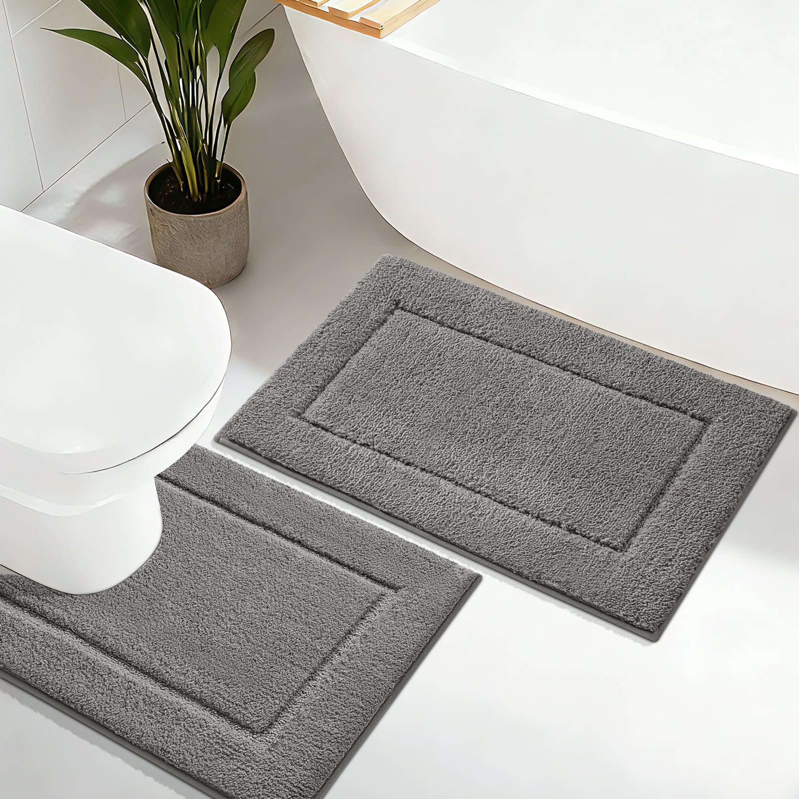 IM HOME Bathroom Rugs Set 2 Pieces, Ultra Soft Thick Plush Fluffy Microfiber Absorbent Bath Mat, Non-Slip Backing, Machine Washable Bath Mats for Bathroom (24"x17" + U Shape 24"x20", Charcoal Gray)