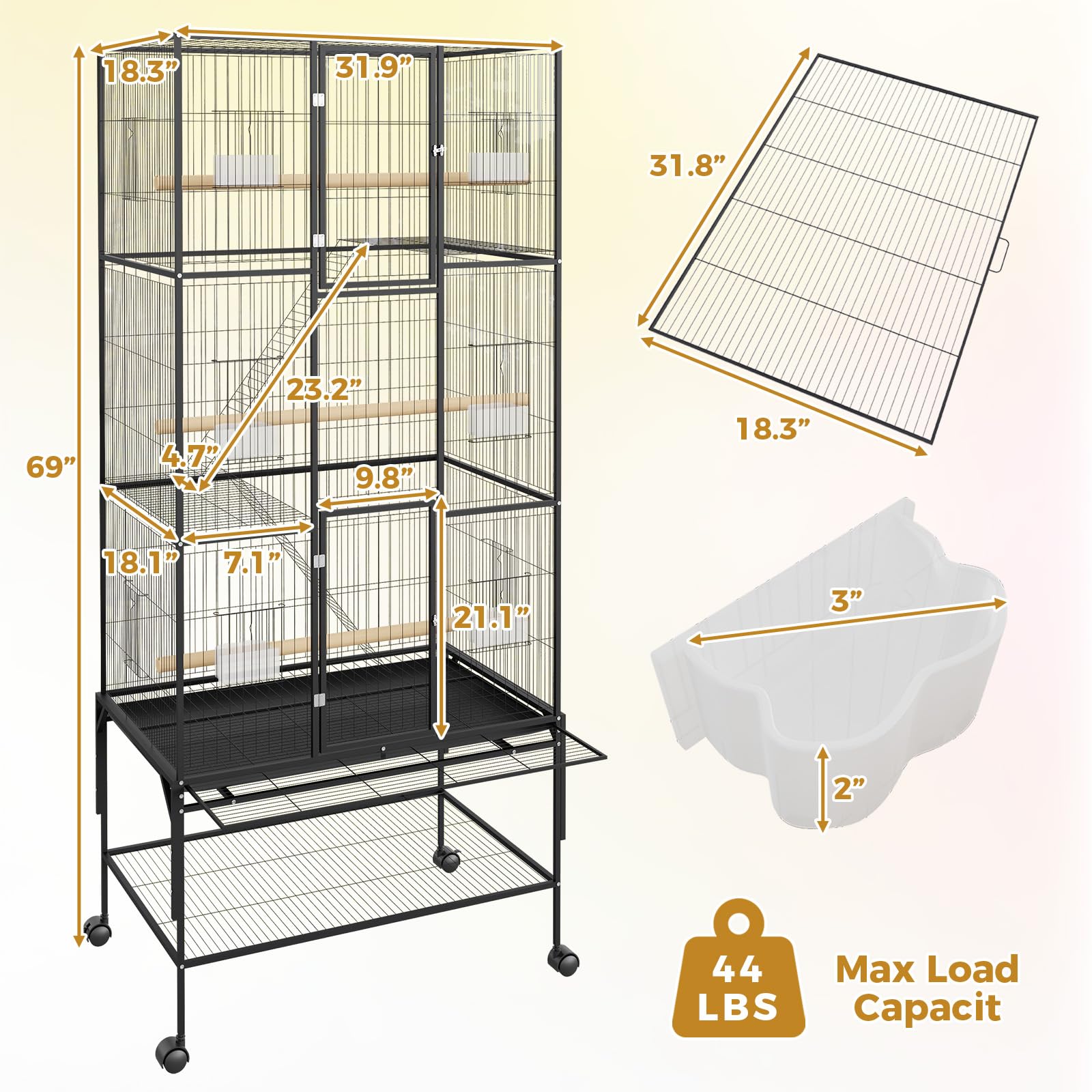 Jaula para pájaros extragrande de 69 pulgadas con soporte con ruedas y estante de almacenamiento – Espaciosa pajarera metálica para loros, guacamayos, cacatúas, cotorras y periquitos – Incluye bandeja