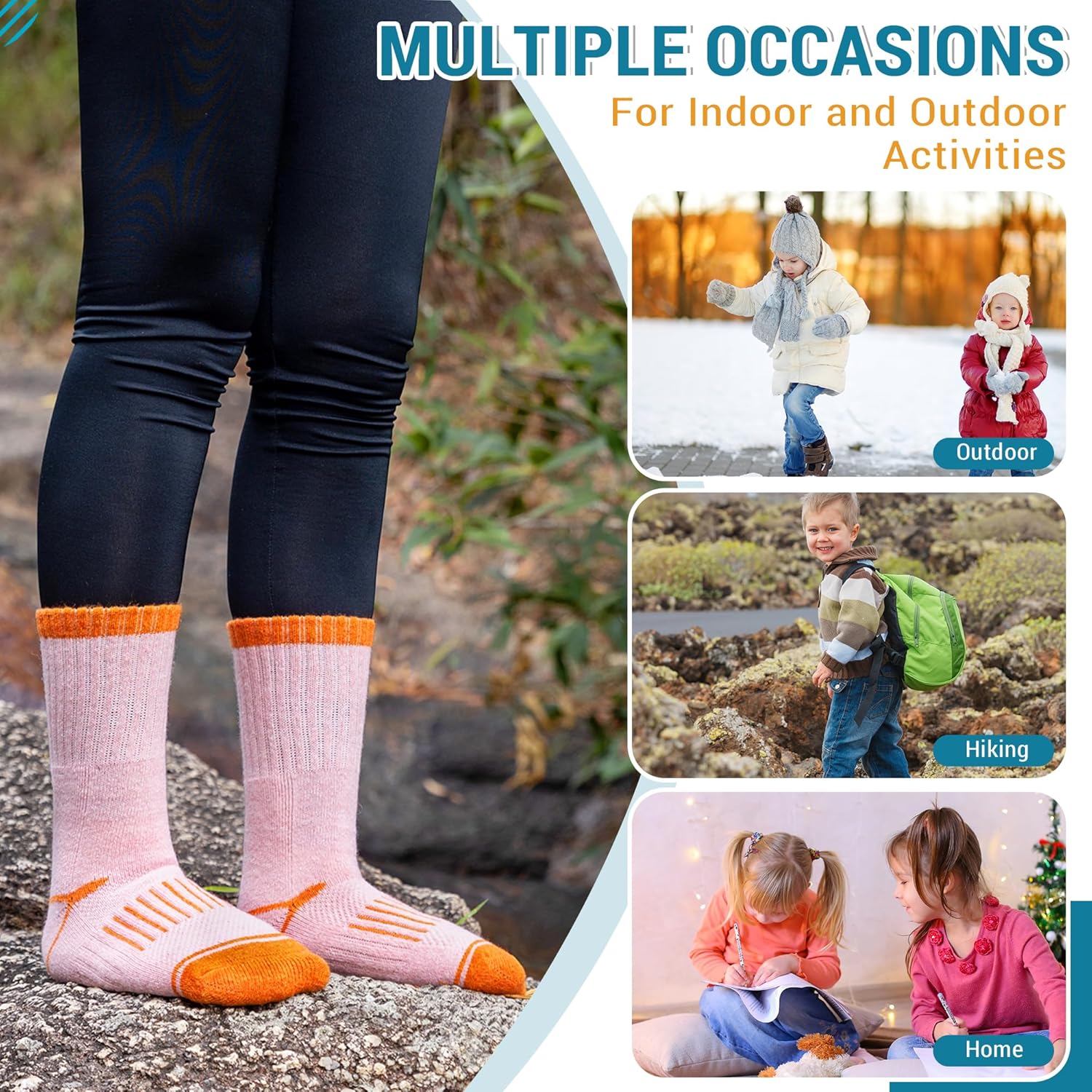 Eocom Kids Merino Wool Hiking Socks Toddlers Boys Girls Thermal Warm Winter Cushion Moisture Wicking Boot Crew Socks 6 Pairs - Image 6