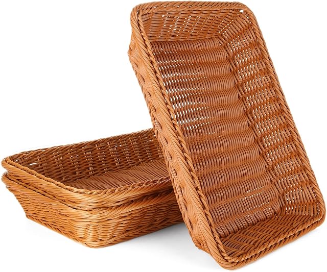 3PCS Rectangular Handmade Wicker Storage Baskets, 35x25cm Poly Wicker Rattan Bread Fruit Serving Baskets, Woven Wicker Vegetable Storage Basket for Kitchen, Shelves, Table, Supermarkets, Wardrobe