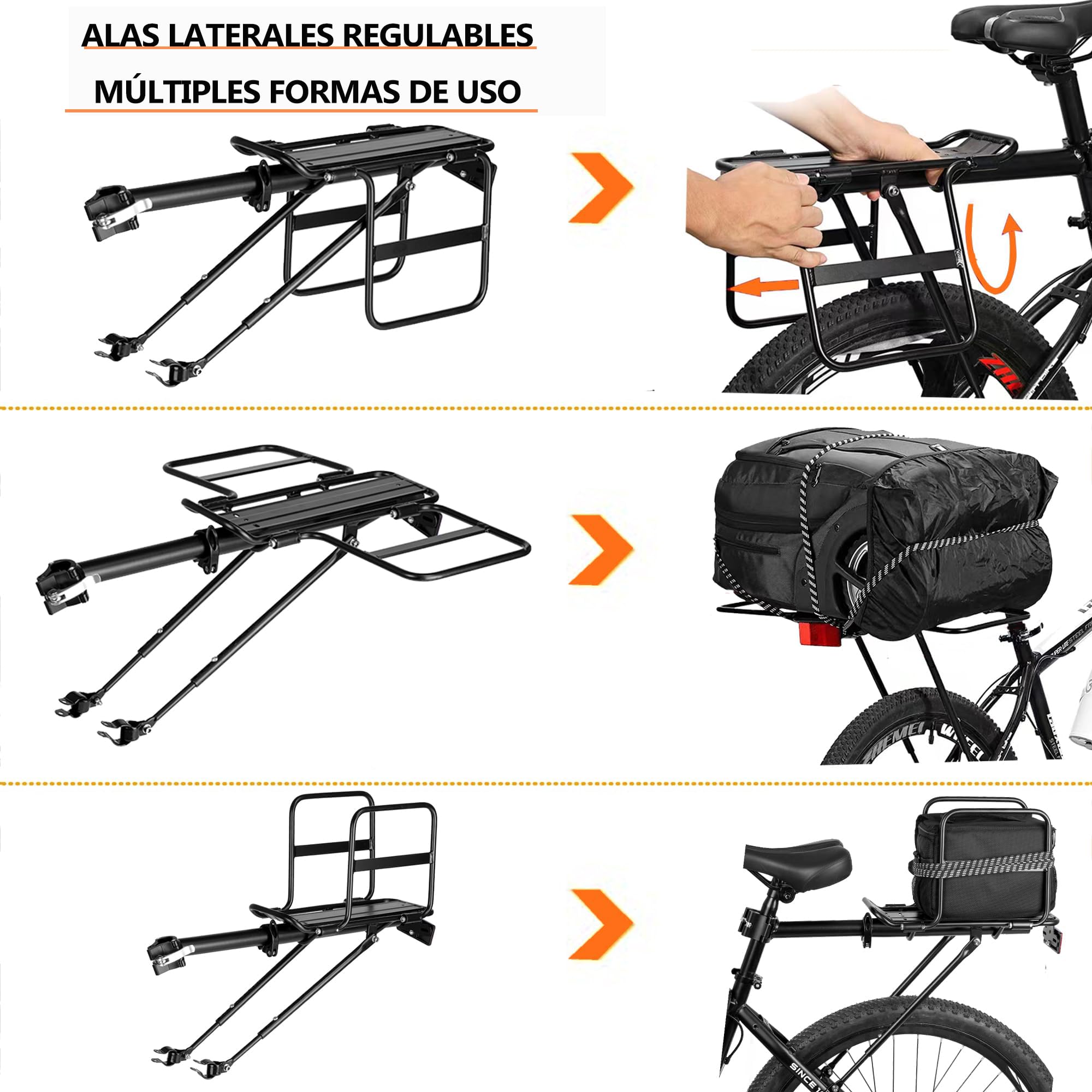 Portabultos Bicicleta Trasero Plegable con Alas Anchas, Liberación Rápida, Universal, Gran Capacidad, Regulable en Altura para Bicicletas de 24 a 29 Pulgadas