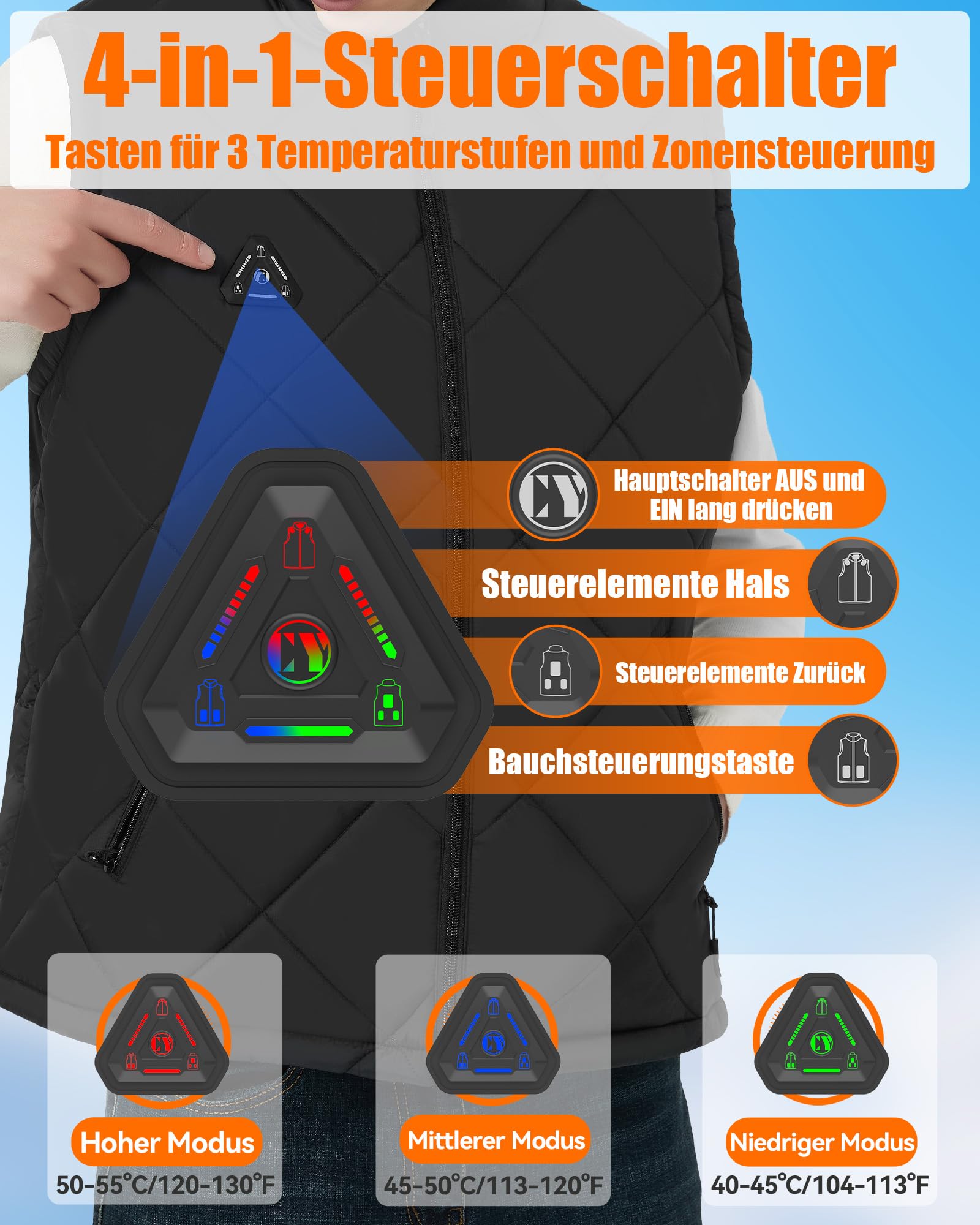 CYCYHEAT Gilet riscaldabile da uomo con batteria da 7,4 V 10000 mAh e controllo 4 in 1, leggero gilet riscaldante imbottito con tecnologia di riscaldamento al carbonio migliorata per attività