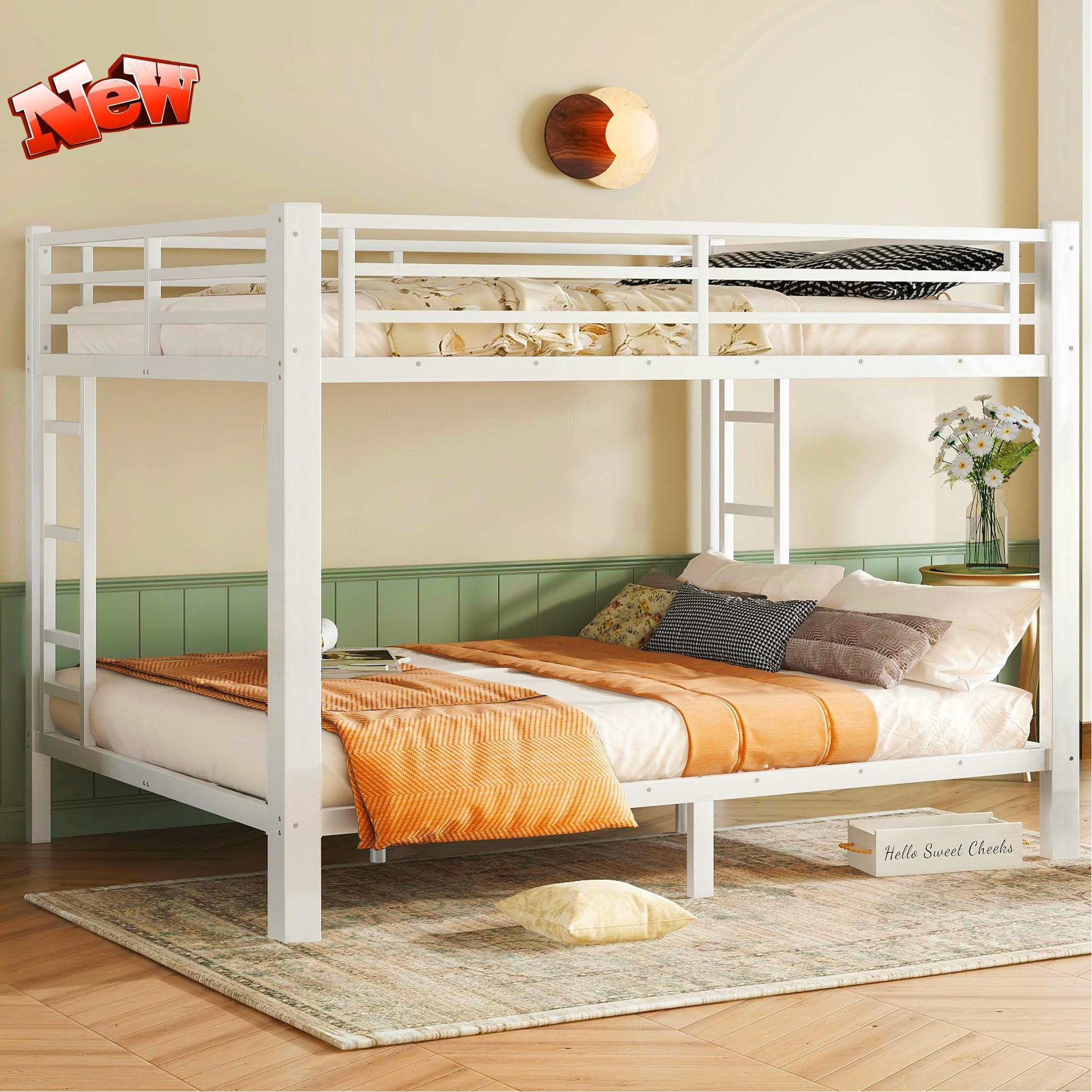 AOOMEEC Higher Quality & Stronger Metal Bunk Bed Queen Over Queen Size Bunkbed Frame, Thickened Heavy Duty More Stable Safer Steel Bunk Bed (White,